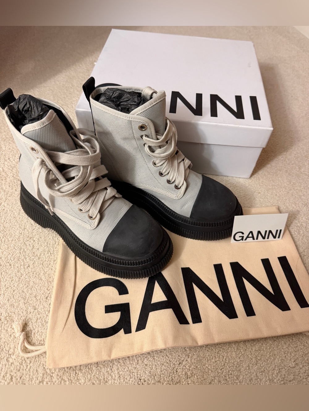Ganni Two-Tone Canvas Combat Boots in Beige and Black